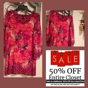 Style & Co Red and Pink Bell Sleeve Floral Dress Size SMALL